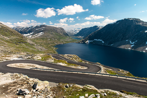 Norwegian serpentine road. The road is so narrow that disperse colliding buses almost impossible