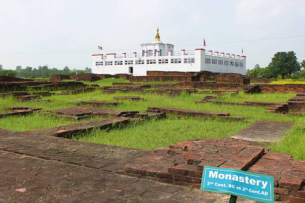 Maya Devi Temple Early monastery ruins with Maya Davi Temple in the background, Lumbini, Nepal lumbini nepal stock pictures, royalty-free photos & images
