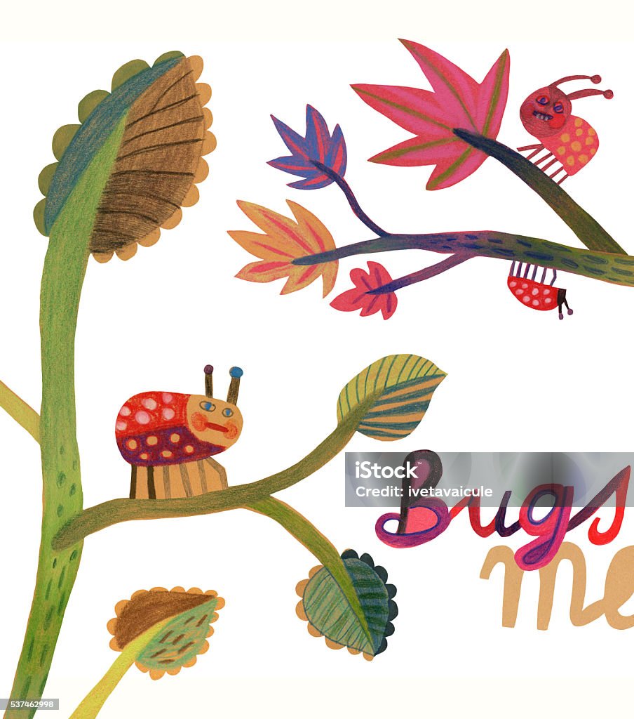 Insects on a plant Collage of drawn illustration of bugs on the plant Alphabet stock illustration