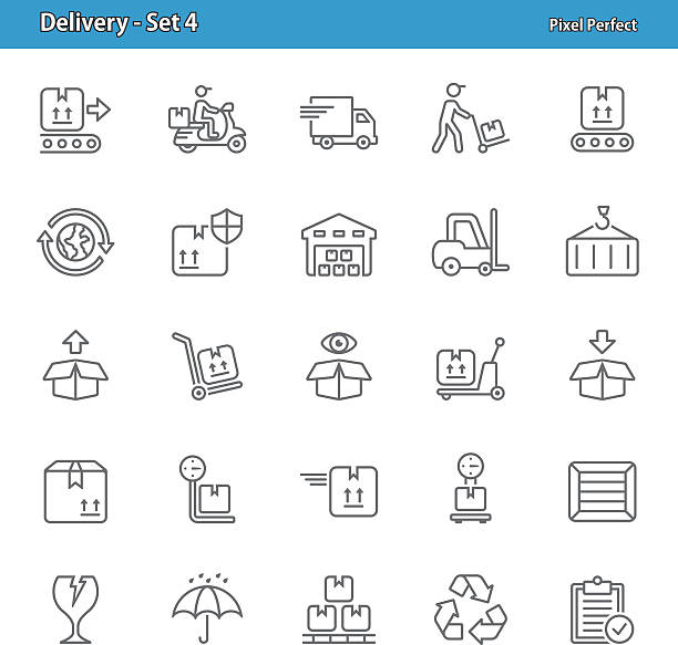 illustrazioni stock, clip art, cartoni animati e icone di tendenza di consegna icone set di 4 - delivery van distribution warehouse vector shipping