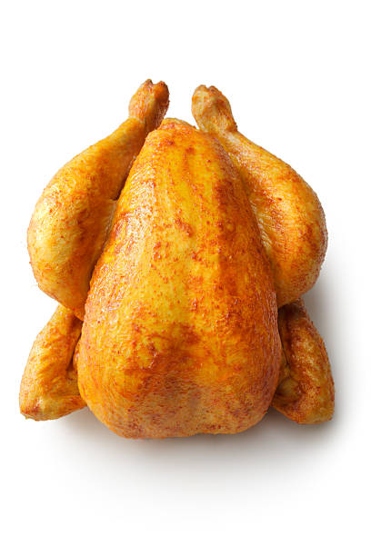volailles : poulet rôti seul sur fond blanc - roast chicken chicken roasted isolated photos et images de collection