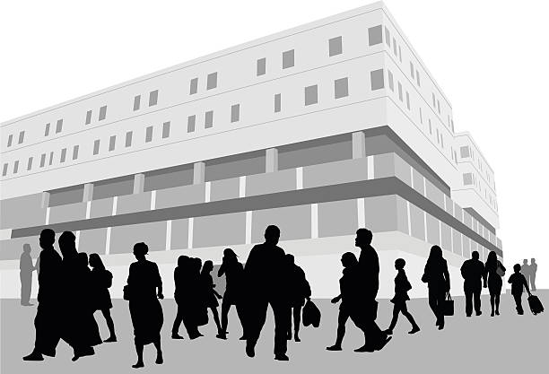 Hospital Outside Crowd A vector silhouette illustration of a croud of people outside of a concerete building walking and going about. concrete silhouettes stock illustrations
