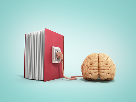 Book charging brain concept 3d illustration on gradient backgrownd