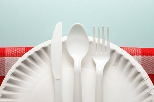 A white plastic knife, fork, and spoon sit on a white paper plate and a red and white checkerboard tablecloth.  This image conveys the idea of the traditional American Fourth of July picnic.