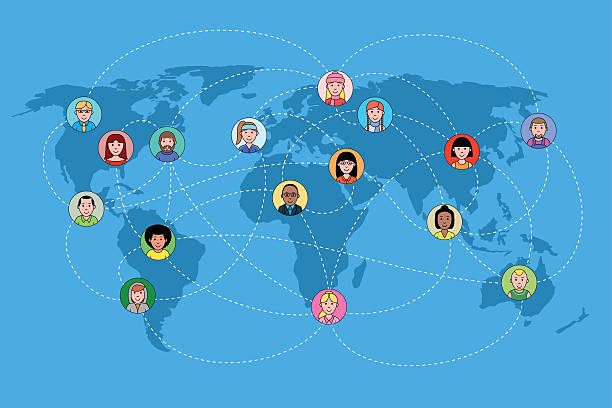 ilustrações de stock, clip art, desenhos animados e ícones de rostos humanos em um mapa do mundo rede. conceito de meios de comunicação social. - social media teamwork global communications togetherness