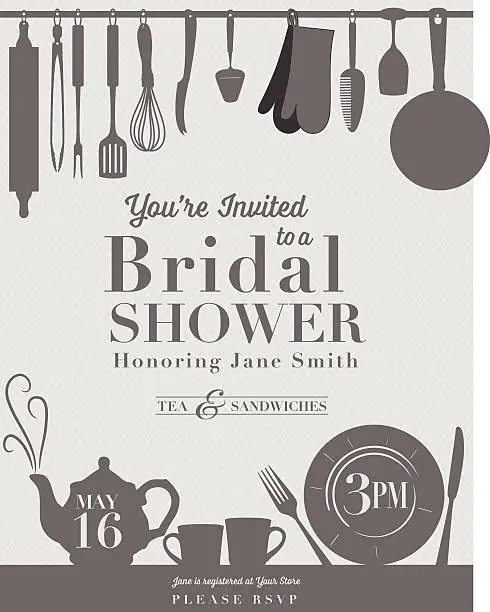 Vector illustration of Bridal shower invitation with kitchenware on it.