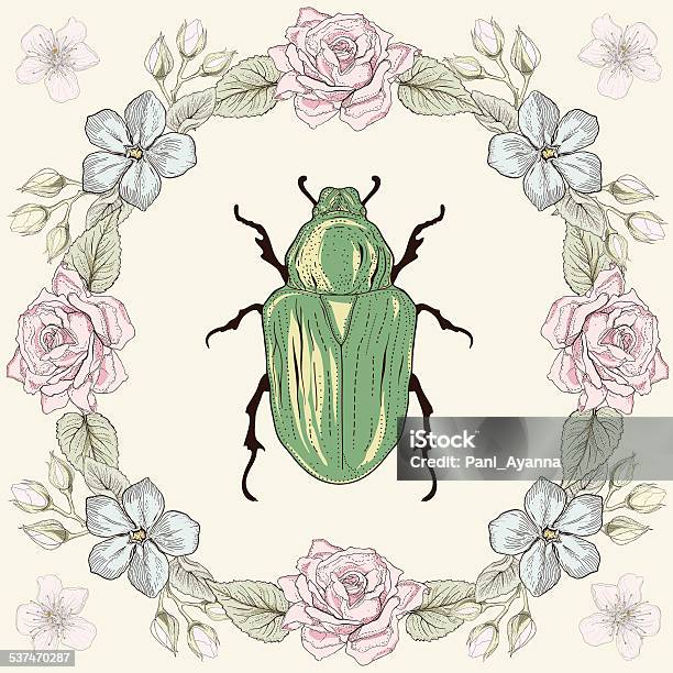 Floral Frame And Beetle Stock Illustration - Download Image Now - 2015, Animal Markings, Art