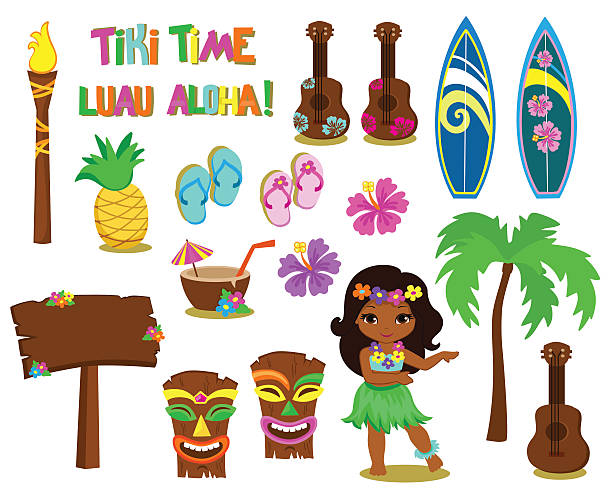 illustrazioni stock, clip art, cartoni animati e icone di tendenza di illustrazione vettoriale della collezione hawaii. - tropical climate polynesia flower pacific islands