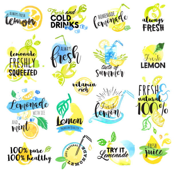 ilustrações, clipart, desenhos animados e ícones de desenhado à mão com aquarela rótulos e sinais de limão e limonada - food illustration and painting painted image mint