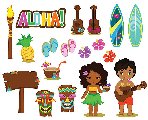 illustrazioni stock, clip art, cartoni animati e icone di tendenza di illustrazione vettoriale della collezione hawaii. - tropical climate polynesia flower pacific islands