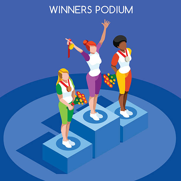 Winner Podium Isometric Women Athlete Sporting International Competition Athletics Championship Winner Podium Summer Games Icon Set.Speed Concept.3D Isometric Athlete.Sporting Competition.Sport Infographic Winner Podium Vector Illustration. sporting level stock illustrations