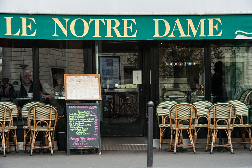 Paris, France - April 27, 2016: The cafe and restaurant Notre Dame outside in Paris, france.