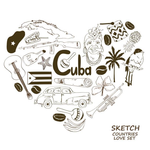 illustrazioni stock, clip art, cartoni animati e icone di tendenza di simboli di cuba nel concetto di forma di cuore - cuban ethnicity illustrations