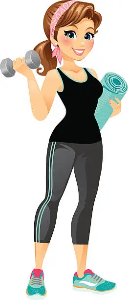 Vector illustration of Fitness Girl Holding Yoga Mat and Weight