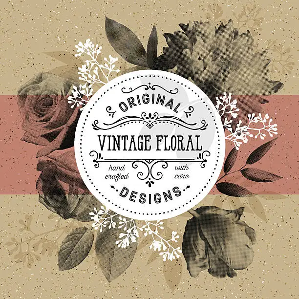 Vector illustration of Vintage Floral and Modern Circle Frame Over Craft Paper Background
