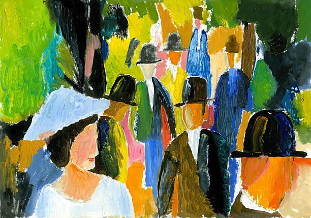In the park The image of women and men who walk in the park drawing of a cylinder shape stock illustrations