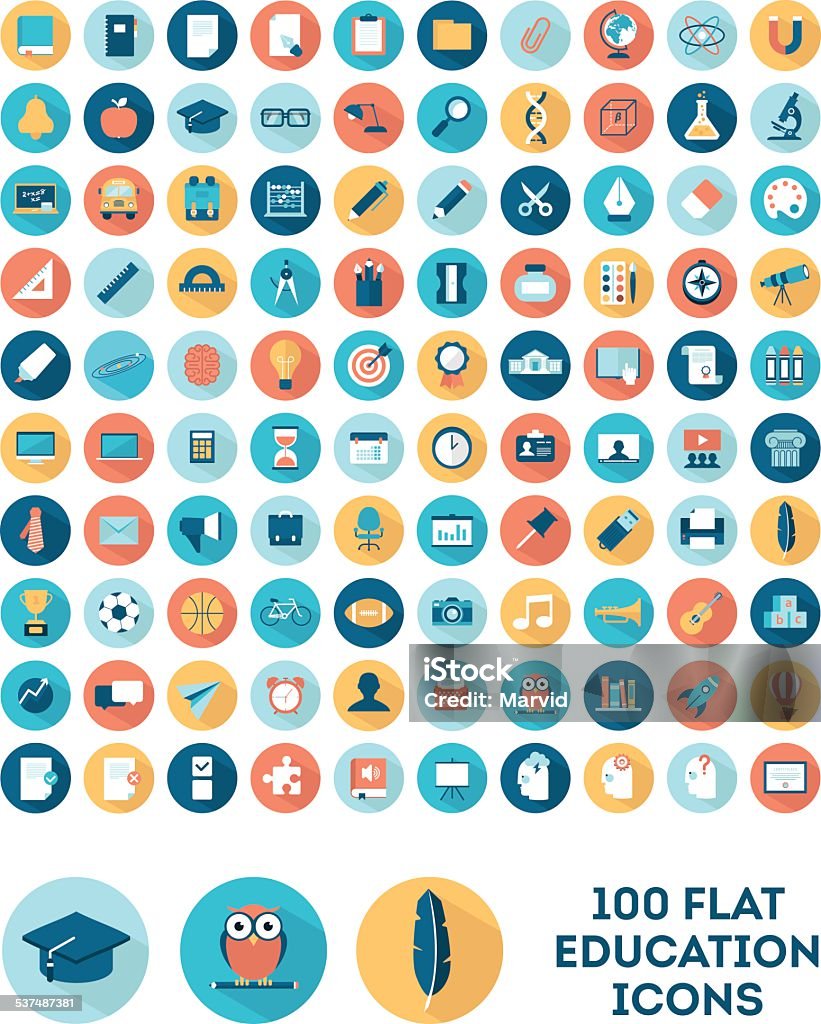 Conjunto de 100 iconos de estilo plano de educación - arte vectorial de Ícono libre de derechos