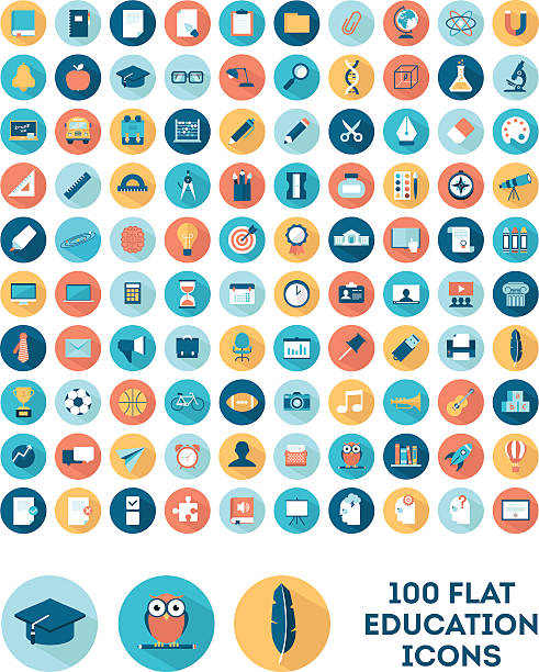 set 100 ikon pendidikan gaya datar - riset subjek ilustrasi stok