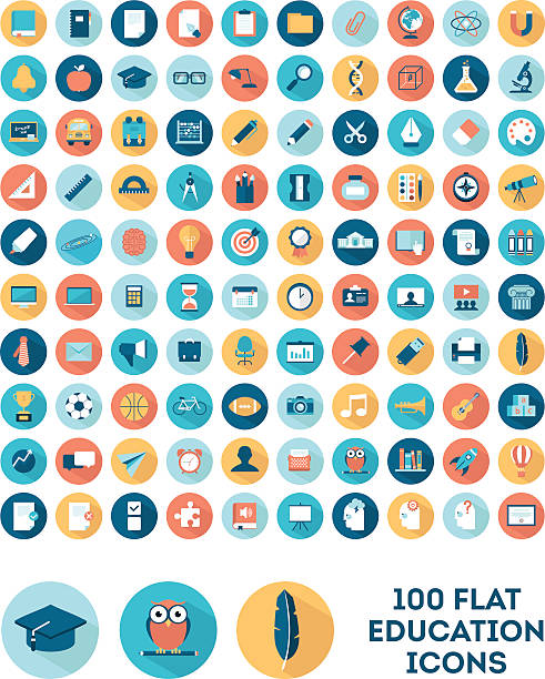 set of 100 flat style education icons set of 100 flat style education icons, vector illustration education event stock illustrations