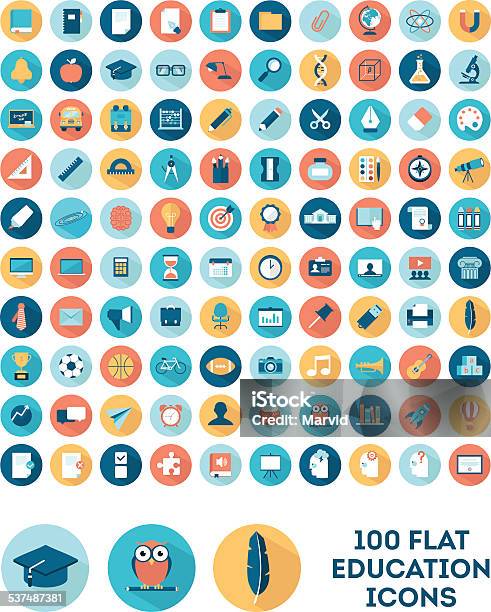 Set Of 100 Flat Style Education Icons Stock Illustration - Download Image Now - Icon Symbol, Education, Icon Set