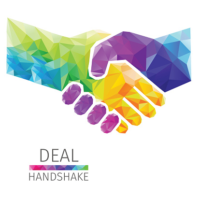 Creative concept of the handshake, deal consists of colorful polygons, vector