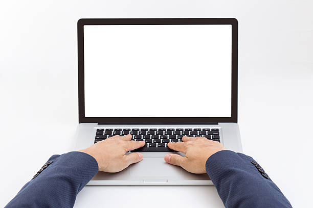 istock Man hand typing on laptop keyboard with blank screen monitor 537487955