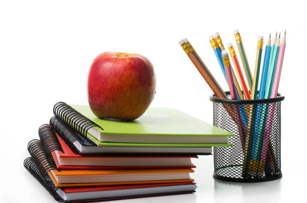 istock Apple on top colorful books isolated 537491007