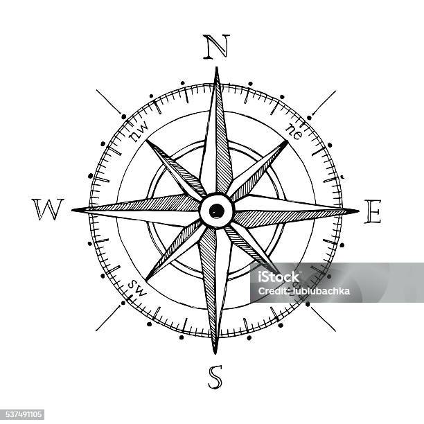 Compass Wind Rose Hand Drawn Vector Design Element Stock Illustration - Download Image Now - Navigational Compass, Drawing Compass, Old-fashioned