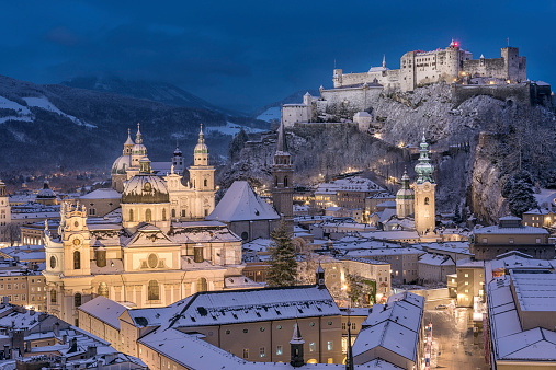 Huge Panorama of Salzburg with the famous Hohensalzburg Festung covered in fresh Snow. Austria
