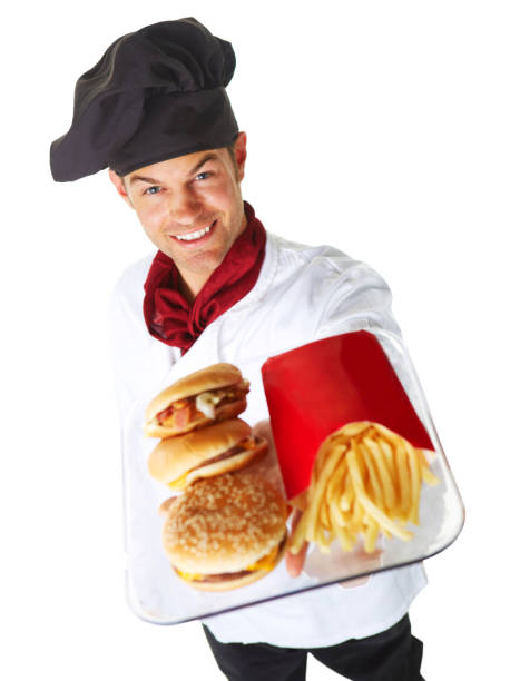 Chef Holding Cheese Burgers And French Fries Plate