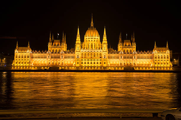 View of the Hungarian Parliament at night across the Danube River (Budapest, Hungary)