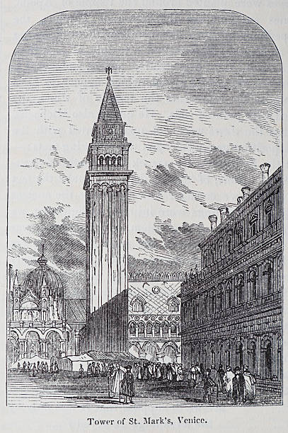 Engraving Of The Tower Of St Mark's, Venice Victorian engraving of the Tower of St Mark's in Venice, taken from a book published in 1852 by William S. Orr & Co campanile venice stock illustrations