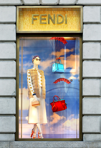 Milan, Italy - February 12, 2015: A window of Fendi boutique in via Monte Napoleone. No people.