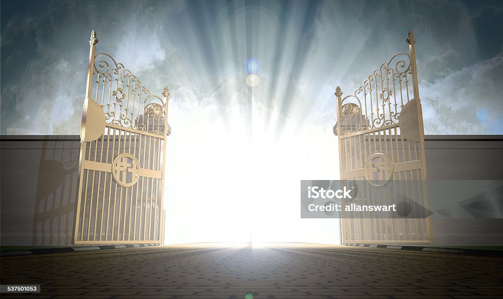 Heavens Gates Opening A depiction of the pearly gates of heaven open with the bright side of heaven contrasting with the duller foreground Heaven Stock Photo