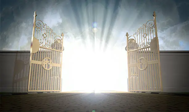 A depiction of the pearly gates of heaven open with the bright side of heaven contrasting with the duller foreground