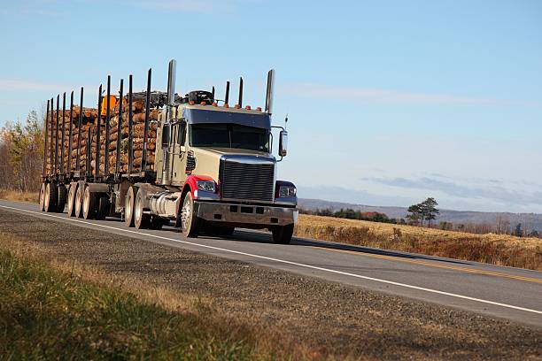 istock Semi-truck on a highway with a load of logs 537501785