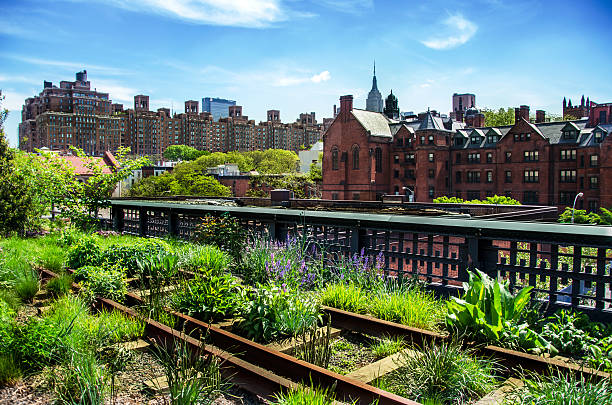 高ライン。都会の公共の公園です。ニューヨーク市内、マンハッタンます。 - new york city manhattan built structure urban scene ストックフォトと画像