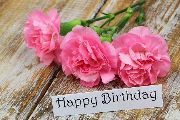 istock Happy Birthday card with pink carnation flowers 537503777
