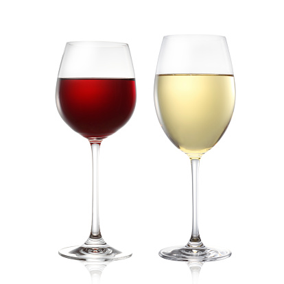 A glass on a thin leg with red wine on white background. 3D rendering