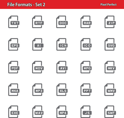 Professional, pixel perfect icons depicting various file format concepts.