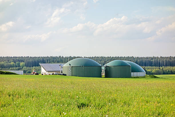 Biogas plant on green meadow stock photo