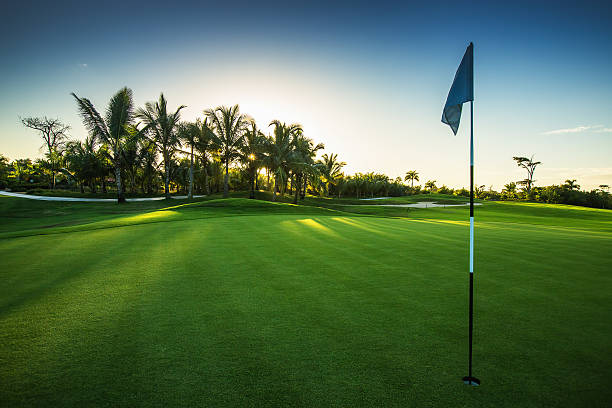 ゴルフコースの田園地帯  - golf golf flag sunset flag ストックフォトと画像