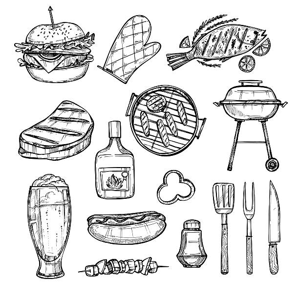 ręcznie rysowana ilustracja wektorowa-elementy bbq - beer hamburger american culture beef stock illustrations