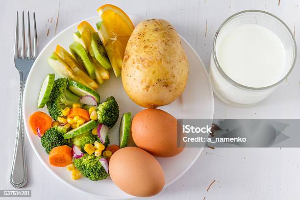 My Plate Eggs Potato Vegetables And Fruits Milk Stock Photo - Download Image Now