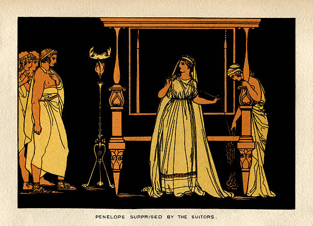 Penelope surprised by the suitors Penelope surprised by the suitors. From “Stories From Homer” by the Rev. Alfred J. Church, M.A.; illustrations from designs by John Flaxman. Published by Seeley, Jackson & Halliday, London, 1878. ulysses stock illustrations