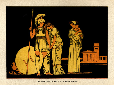 The meeting of Hector and Andromache. From “Stories From Homer” by the Rev. Alfred J. Church, M.A.; illustrations from designs by John Flaxman. Published by Seeley, Jackson & Halliday, London, 1878.