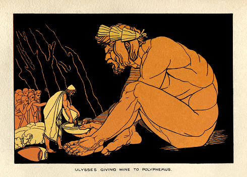 Ulysses giving wine to the Cyclops, Polyphemus. From “Stories From Homer” by the Rev. Alfred J. Church, M.A.; illustrations from designs by John Flaxman. Published by Seeley, Jackson & Halliday, London, 1878.