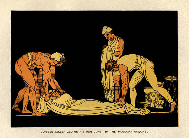 Ulysses asleep and taken to Ithaca by Phaeacian sailors The sleeping Ulysses being laid on the coast of Ithaca by the Phaeacian sailors. From “Stories From Homer” by the Rev. Alfred J. Church, M.A.; illustrations from designs by John Flaxman. Published by Seeley, Jackson & Halliday, London, 1878. ulysses stock illustrations