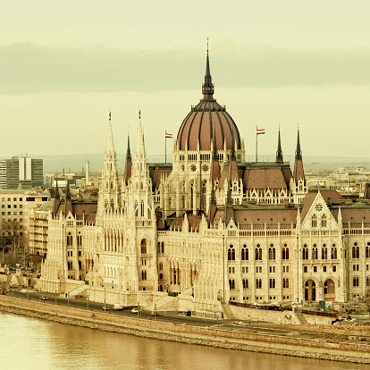 Sepia toned view of the Hungarian Parliament Building in Budapest.