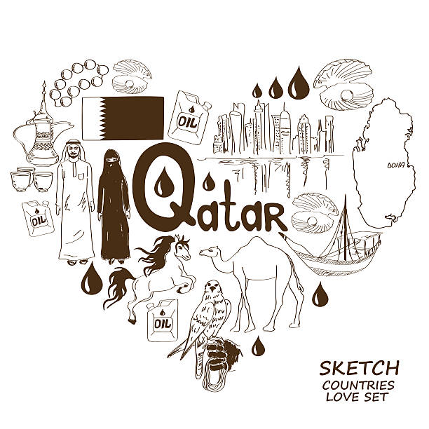 Qatar symbols in heart shape concept Sketch collection of Qatar symbols. Heart shape concept. Travel background dhow stock illustrations